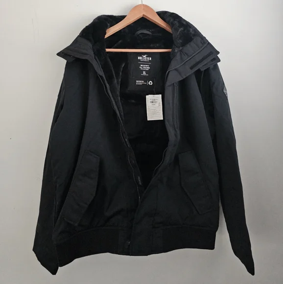 Men's Hollister Jacket Faux Fur Bomber Aviator XL All Weather Black - Picture 6 of 12
